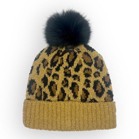 C.C Leopard Faux Fur Pom Beanie Adult Size Tan Latte Black Printed Winter Hat - Picture 2 of 6